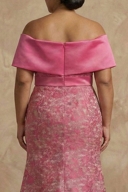 Floral Fuchsia Plus Size Off the Shoulder Mermaid Long Mother of the Bride Dress with Slit