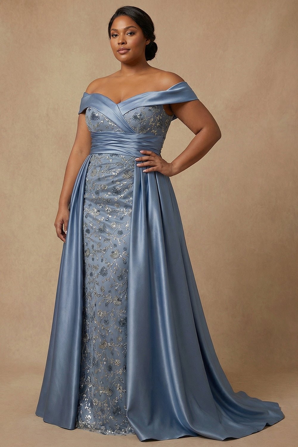 Plus Size Dusty Blue Floral Appliqued Off the Shoulder Long Mother of the Bride Dress