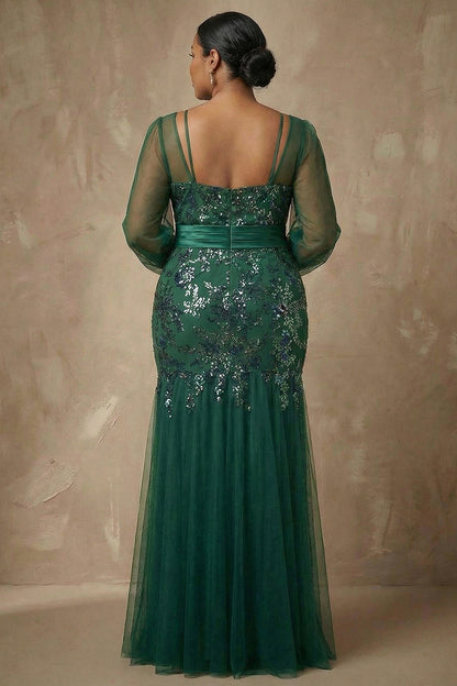 Sparkly Plus Size Dark Green Floral Appliqued Mermaid Long Sleeves Mother of the Bride Dress