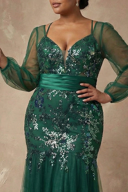 Sparkly Plus Size Dark Green Floral Appliqued Mermaid Long Sleeves Mother of the Bride Dress
