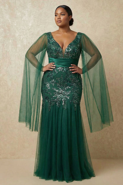 Sparkly Dark Green Plus Size Floral Appliqued Mermaid Long Mother of the Bride Dress with Cape