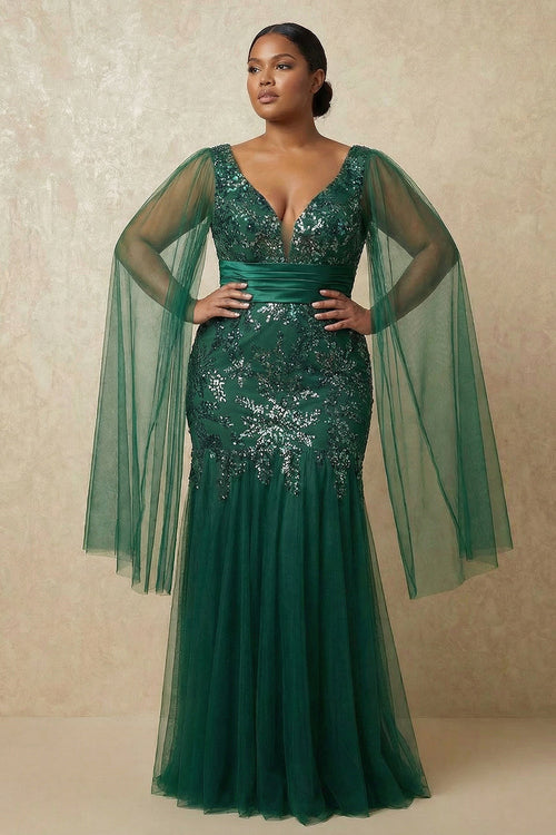 Sparkly Dark Green Plus Size Floral Appliqued Mermaid Long Mother of the Bride Dress with Cape