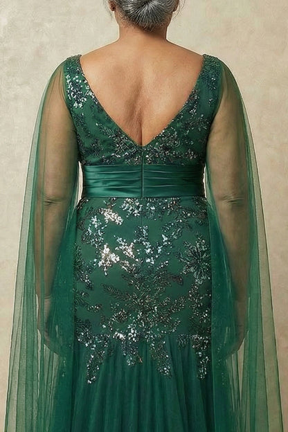 Sparkly Dark Green Plus Size Floral Appliqued Mermaid Long Mother of the Bride Dress with Cape
