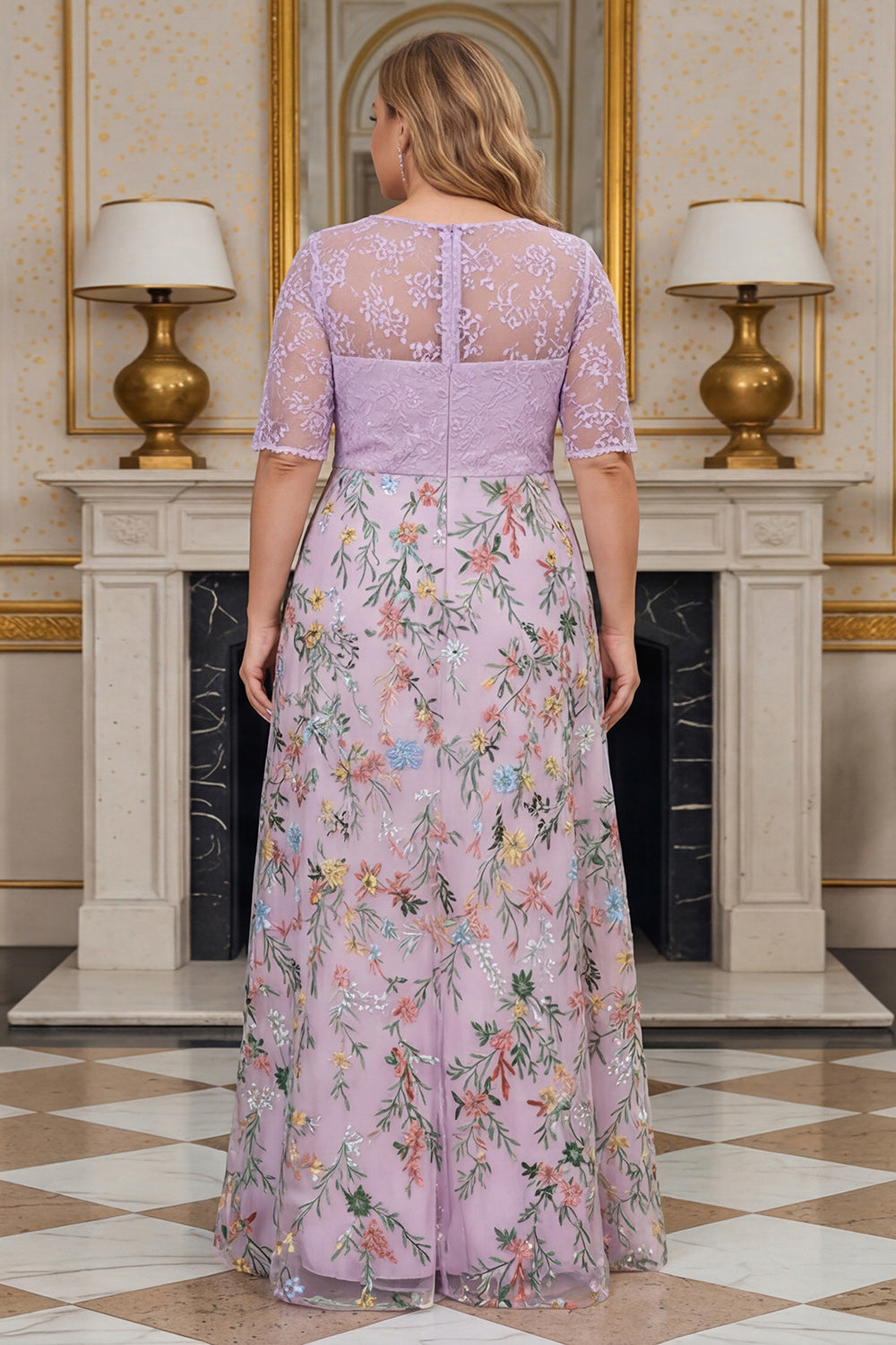 Dusty Rose Floral Lace A Line Long Plus SizeMother of the Bride Dress with Sleeves