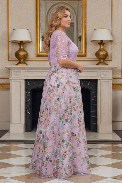 Dusty Rose Floral Lace A Line Long Plus SizeMother of the Bride Dress with Sleeves