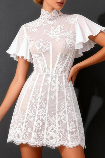 White A Line Short Corset High Neck Boho Wedding Dress with Ruffles