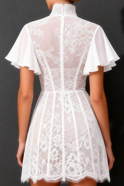 White A Line Short Corset High Neck Boho Wedding Dress with Ruffles