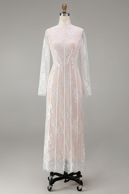 White Corset High Neck Lace Maxi A Line Boho Wedding Dress with Sleeves