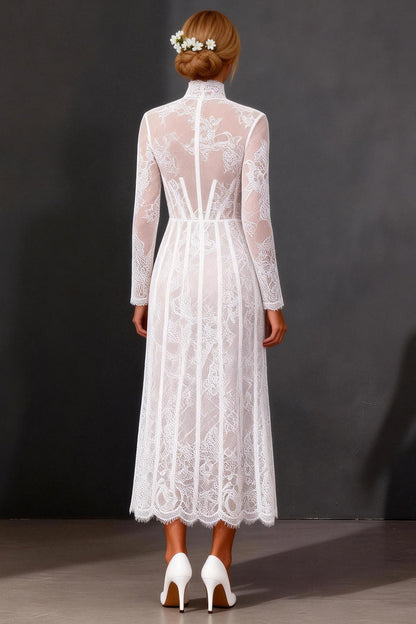 White Corset High Neck Lace Maxi A Line Boho Wedding Dress with Sleeves