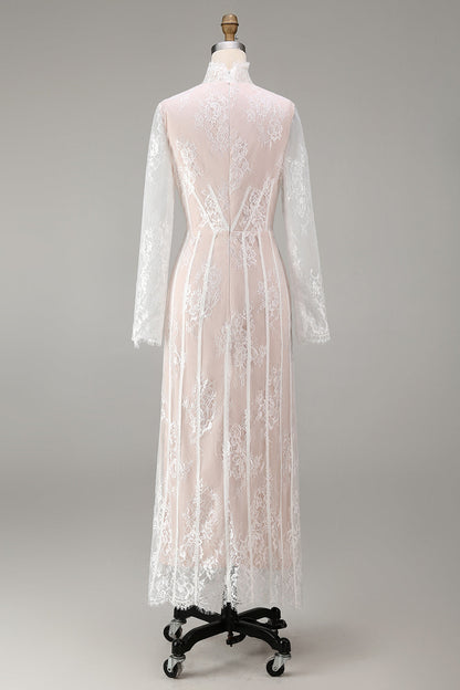 White Corset High Neck Lace Maxi A Line Boho Wedding Dress with Sleeves
