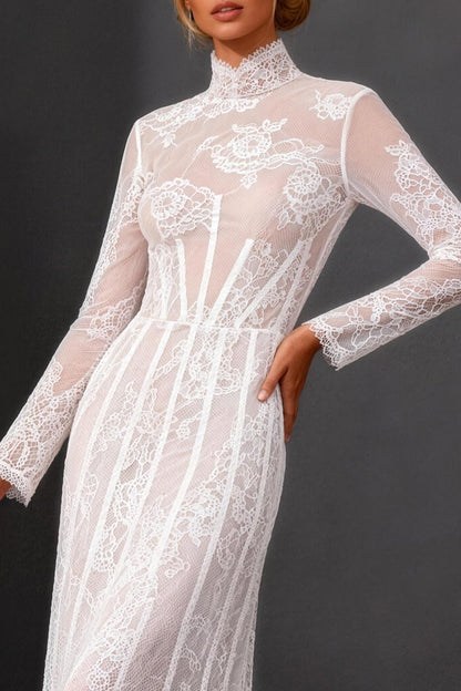 White Corset High Neck Lace Maxi A Line Boho Wedding Dress with Sleeves