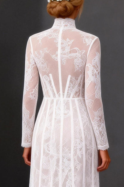 White Corset High Neck Lace Maxi A Line Boho Wedding Dress with Sleeves