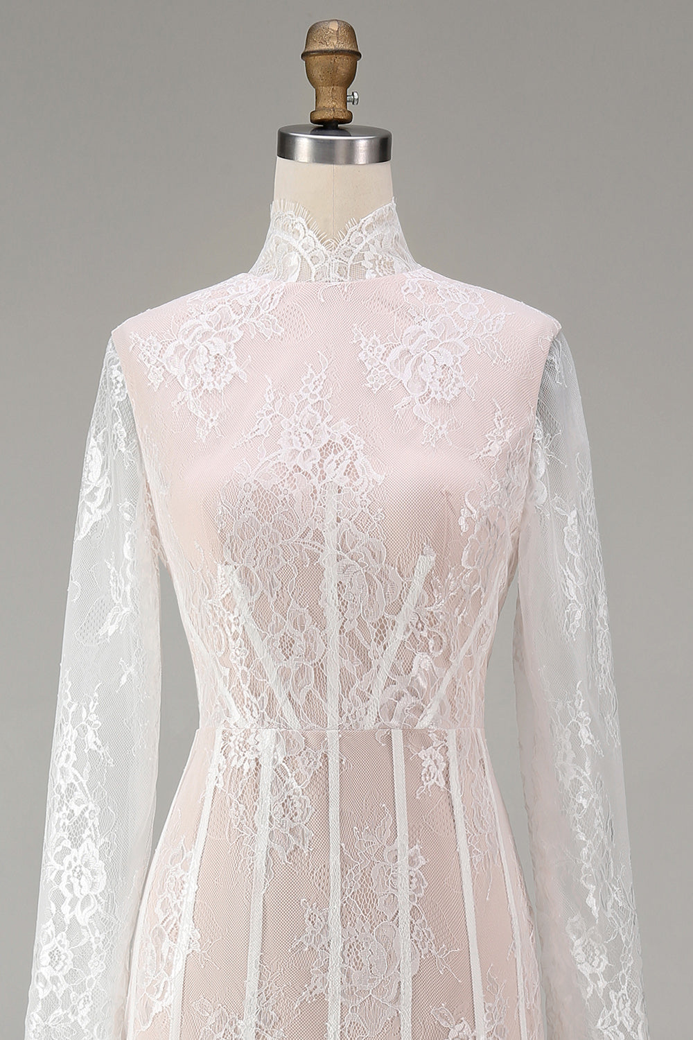 White Corset High Neck Lace Maxi A Line Boho Wedding Dress with Sleeves