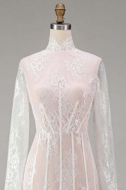 White Corset High Neck Lace Maxi A Line Boho Wedding Dress with Sleeves