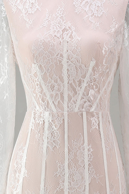 White Corset High Neck Lace Maxi A Line Boho Wedding Dress with Sleeves