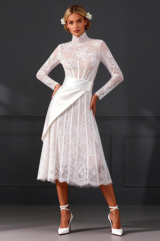 White Long Sleeves A Line High Neck Corset Boho Wedding Dress with Side Cape