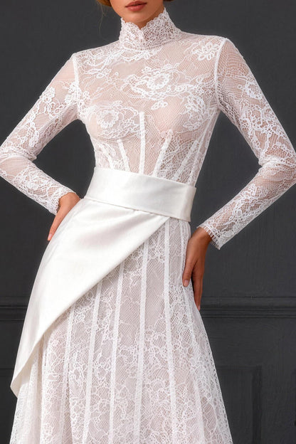 White Long Sleeves A Line High Neck Corset Boho Wedding Dress with Side Cape