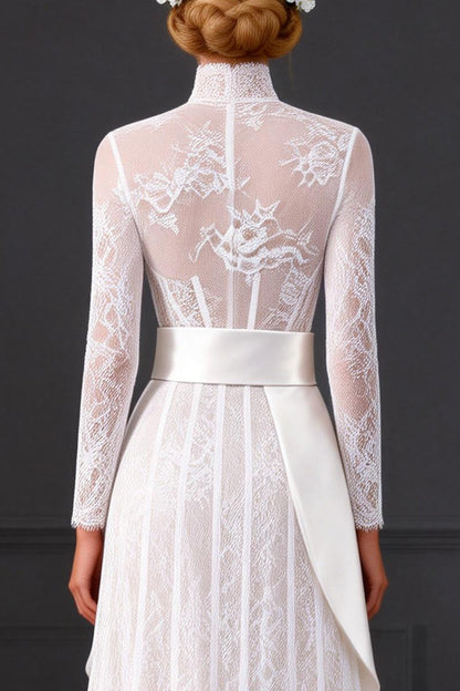 White Long Sleeves A Line High Neck Corset Boho Wedding Dress with Side Cape