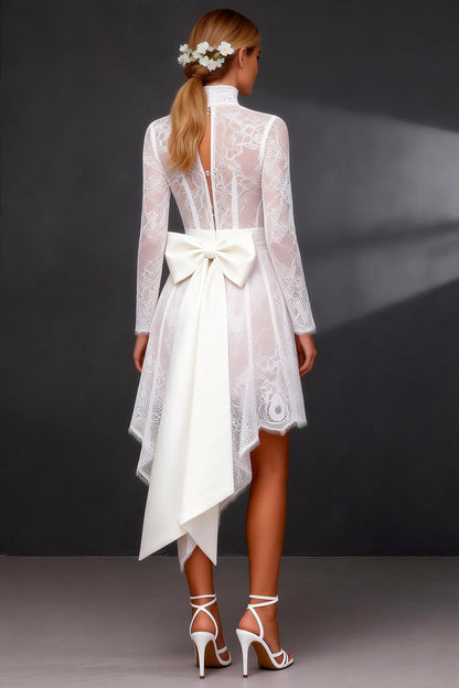 White High Neck High-Low Corset A Line Boho Wedding Dress with Sleeves