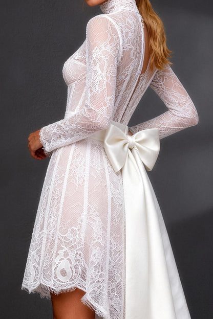 White High Neck High-Low Corset A Line Boho Wedding Dress with Sleeves