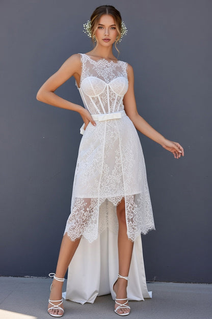 White Corset Boat Neck High Low A Line Boho Wedding Dress with Cape