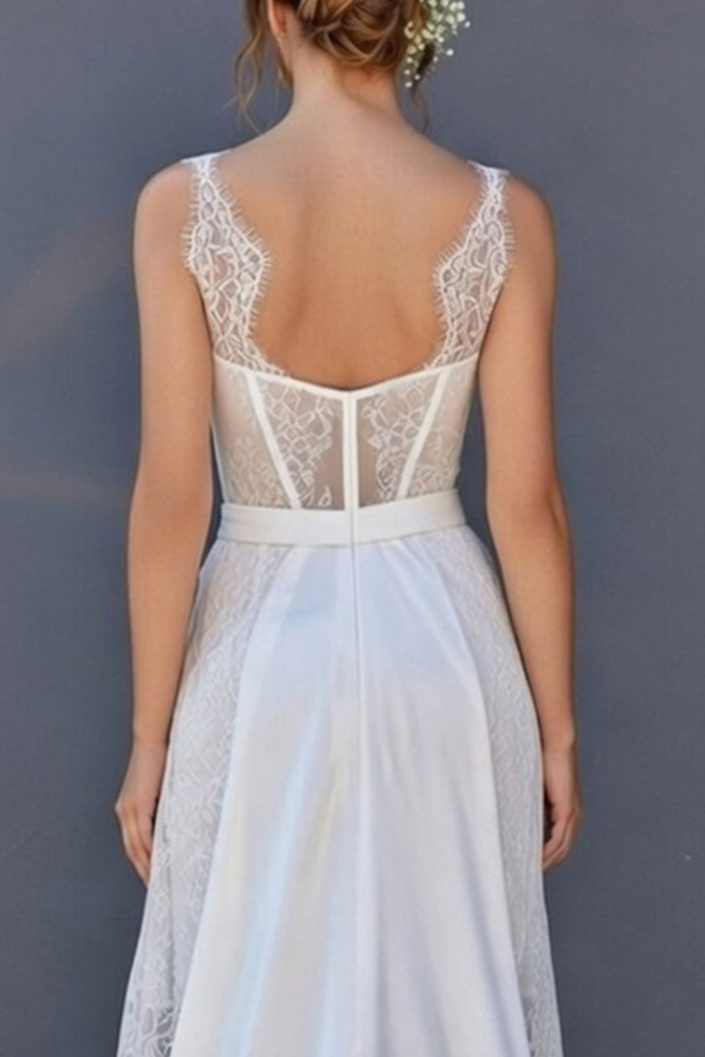 White Corset Boat Neck High Low A Line Boho Wedding Dress with Cape