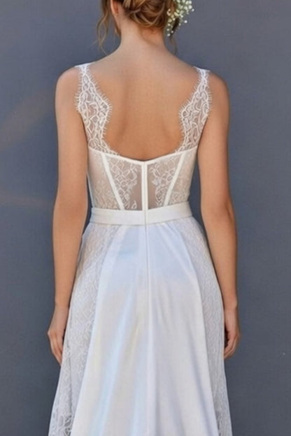 White Corset Boat Neck High Low A Line Boho Wedding Dress with Cape