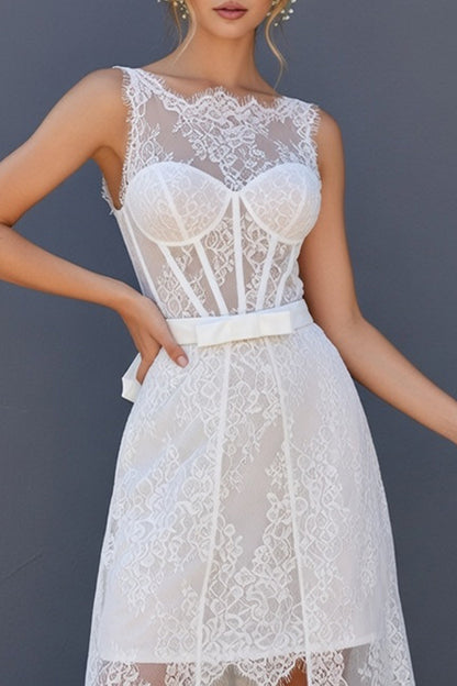 White Corset Boat Neck High Low A Line Boho Wedding Dress with Cape