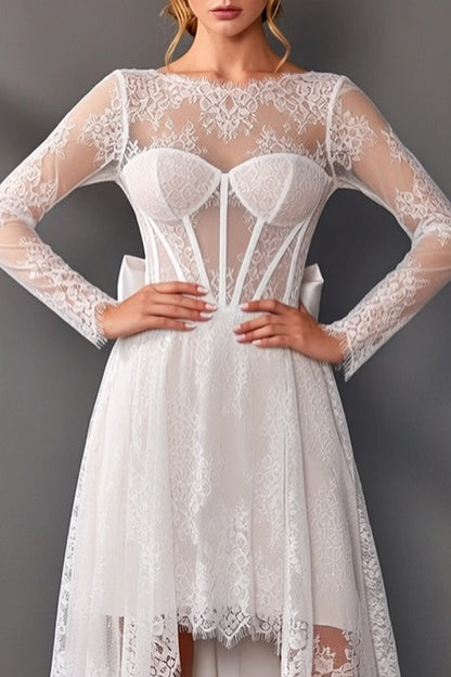 White High-Low Boat Neck Long Sleeves Corset A Line Boho Wedding Dress