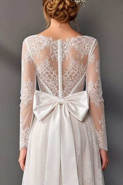 White High-Low Boat Neck Long Sleeves Corset A Line Boho Wedding Dress