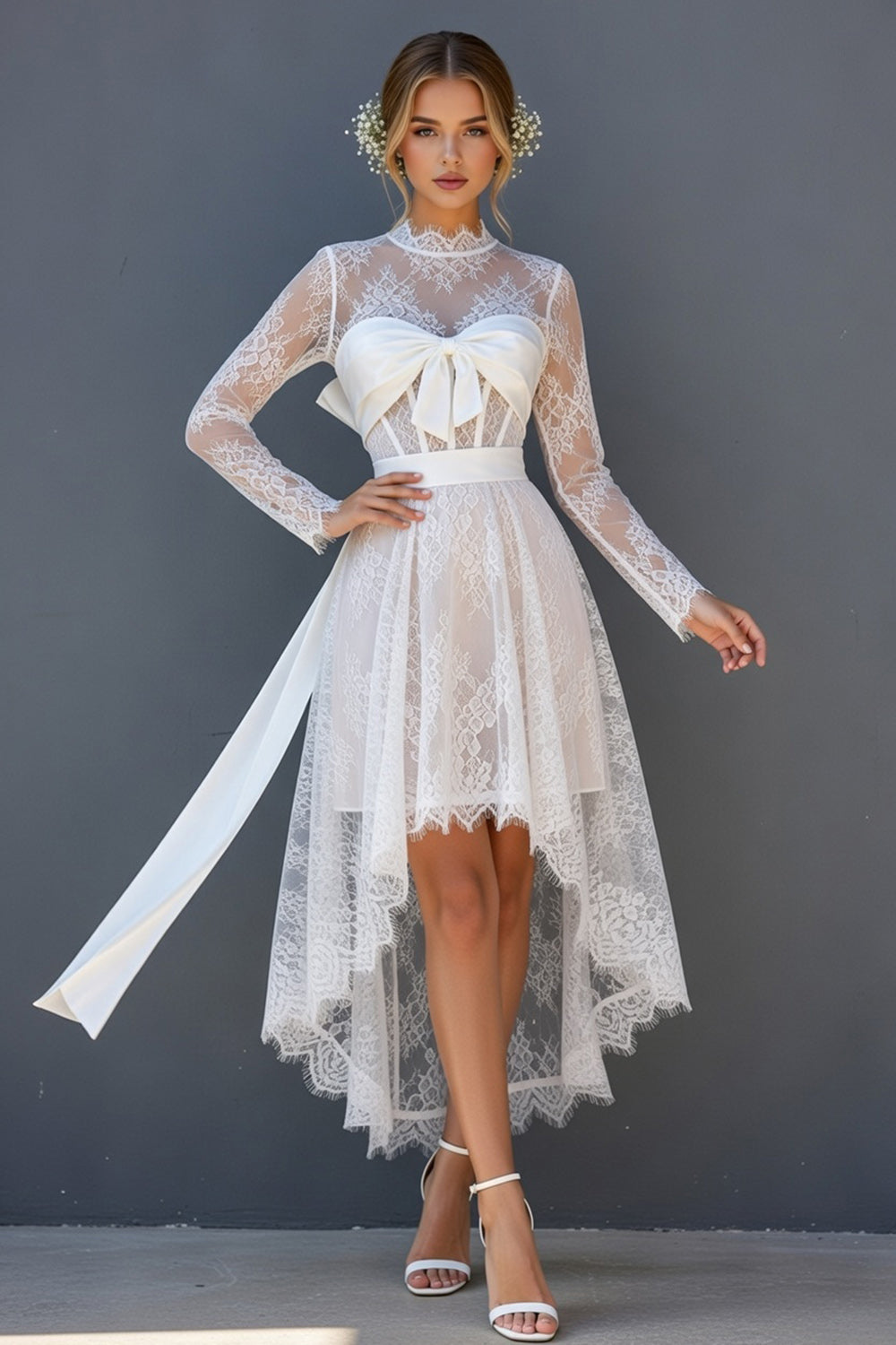White Lace Corset High-Low Long Sleeves Open Back Boho Wedding Dress with Bow