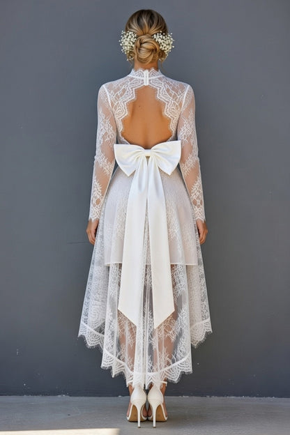 White Lace Corset High-Low Long Sleeves Open Back Boho Wedding Dress with Bow