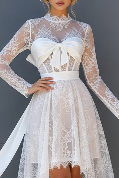 White Lace Corset High-Low Long Sleeves Open Back Boho Wedding Dress with Bow