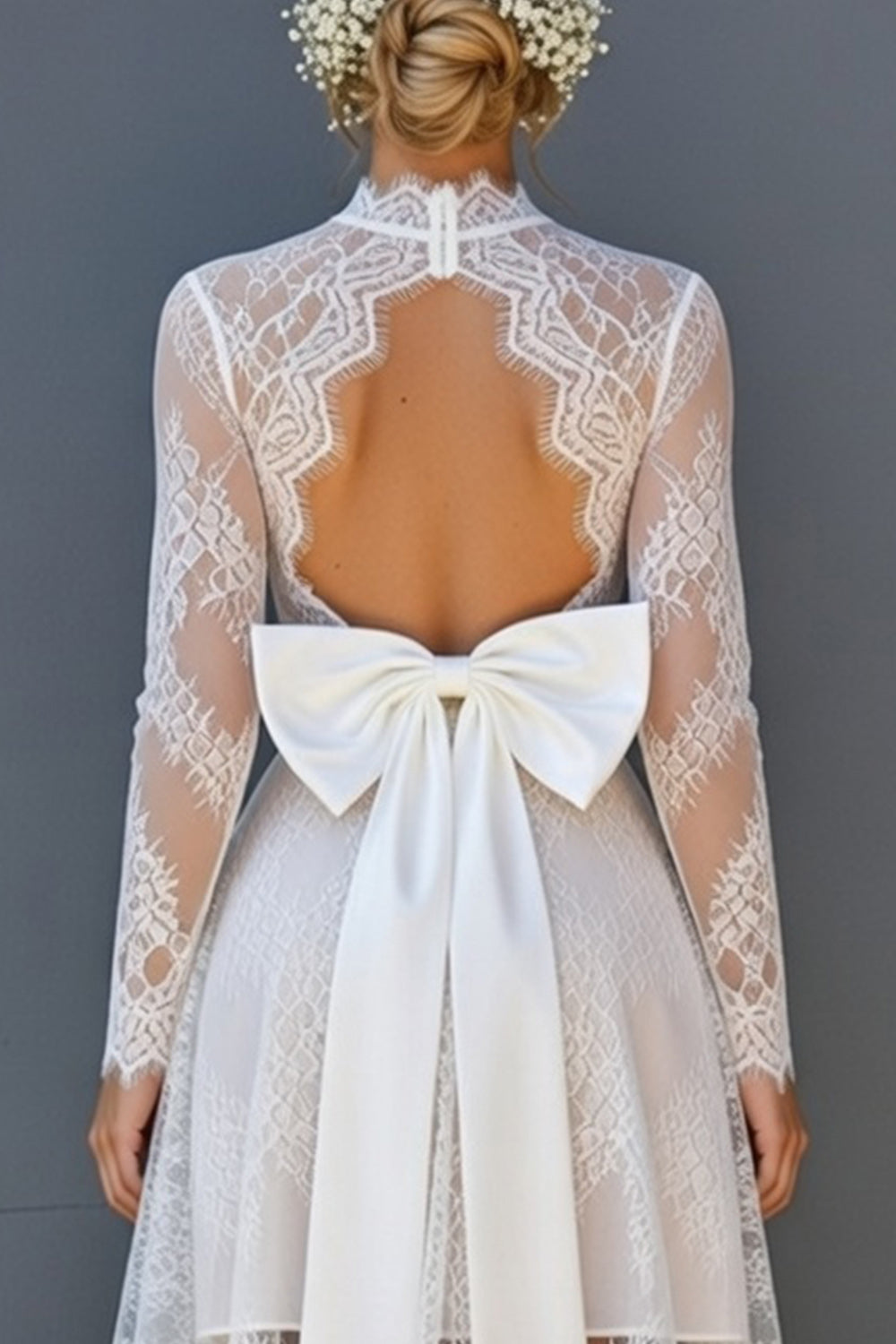 White Lace Corset High-Low Long Sleeves Open Back Boho Wedding Dress with Bow
