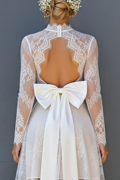 White Lace Corset High-Low Long Sleeves Open Back Boho Wedding Dress with Bow