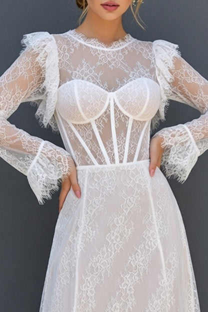 White Maxi A Line Ruffled Sleeves Corset Round Neck Boho Wedding Dress