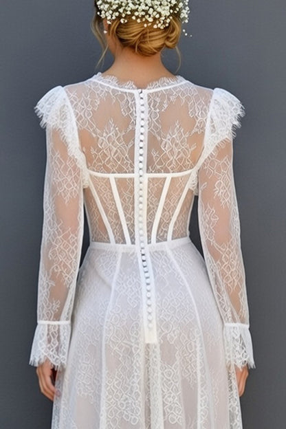 White Maxi A Line Ruffled Sleeves Corset Round Neck Boho Wedding Dress