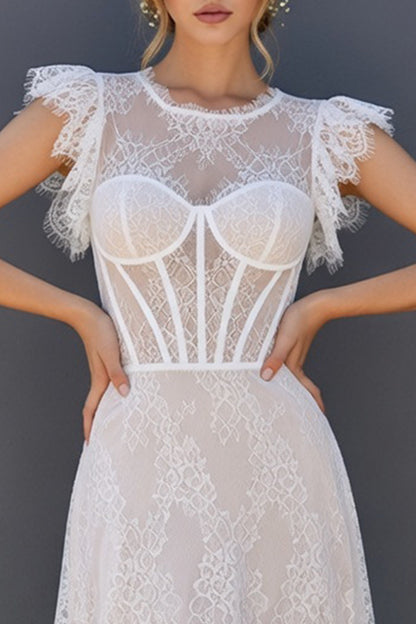 White Round Neck A Line Corset Maxi Boho Wedding Dress with Ruffles