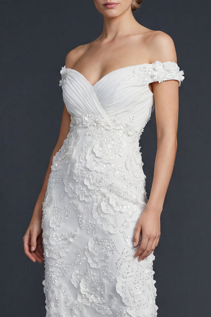 Sparkly Appliqued Off the Shoulder Maxi Mermaid Boho Wedding Dress