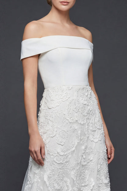 White Floral A Line Maxi Off the Shoulder Boho Wedding Dress with Appliques