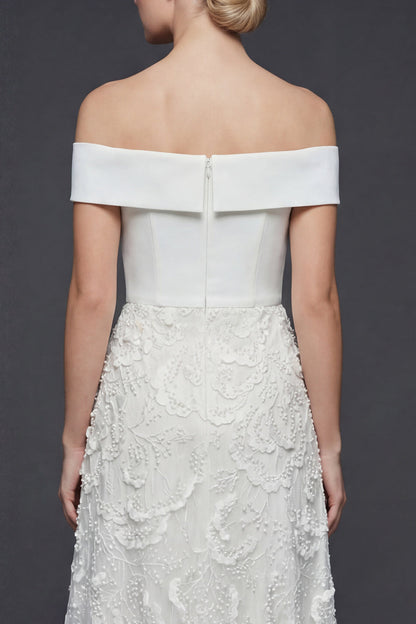 White Floral A Line Maxi Off the Shoulder Boho Wedding Dress with Appliques