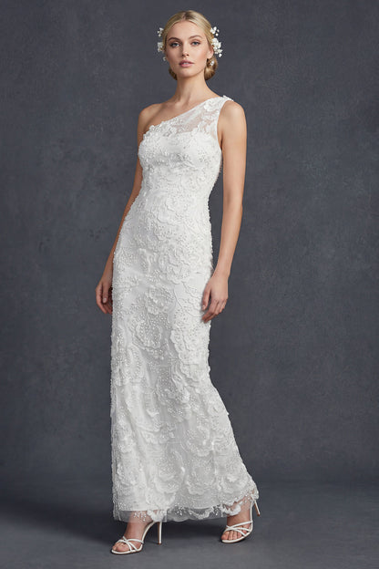 Sparkly White Floral Mermiad Maxi One Shoulder Beaded Boho Wedding Dress with Appliques