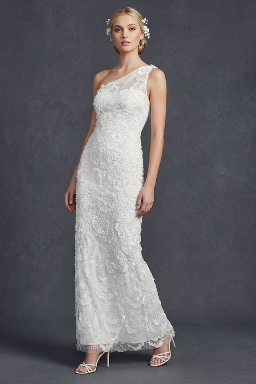 Sparkly White Floral Mermiad Maxi One Shoulder Beaded Boho Wedding Dress with Appliques