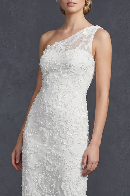 Sparkly White Floral Mermiad Maxi One Shoulder Beaded Boho Wedding Dress with Appliques