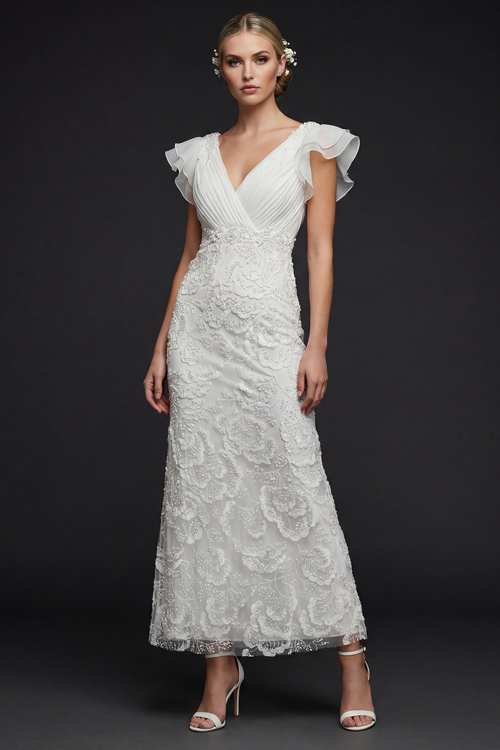 Sparkly White Floral V Neck Maxi Appliqued Beaded Boho Wedding Dress with Ruffles
