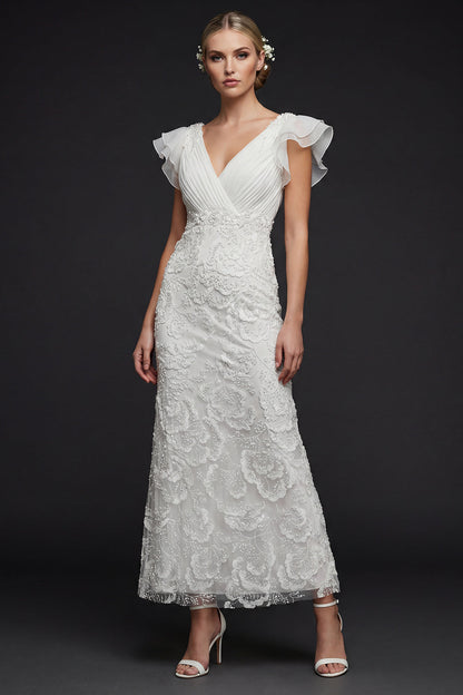 Sparkly White Floral V Neck Maxi Appliqued Beaded Boho Wedding Dress with Ruffles
