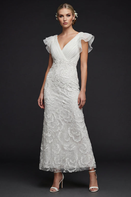 Sparkly White Floral V Neck Maxi Appliqued Beaded Boho Wedding Dress with Ruffles