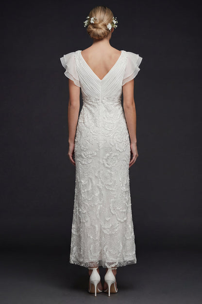 Sparkly White Floral V Neck Maxi Appliqued Beaded Boho Wedding Dress with Ruffles