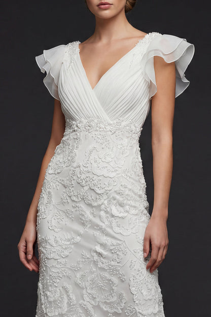 Sparkly White Floral V Neck Maxi Appliqued Beaded Boho Wedding Dress with Ruffles
