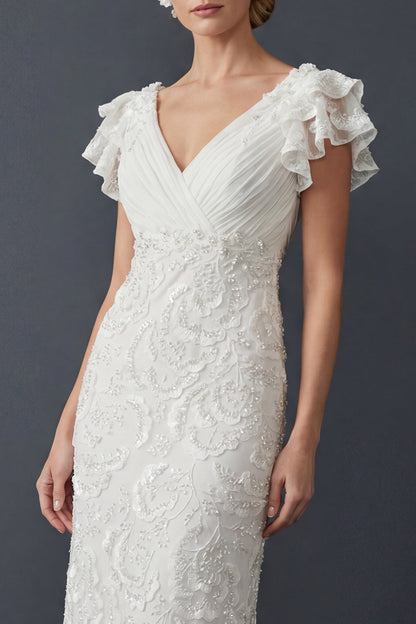 Sparkly White Sheath Maxi V Neck Beaded Ruffled Boho Wedding Dress
